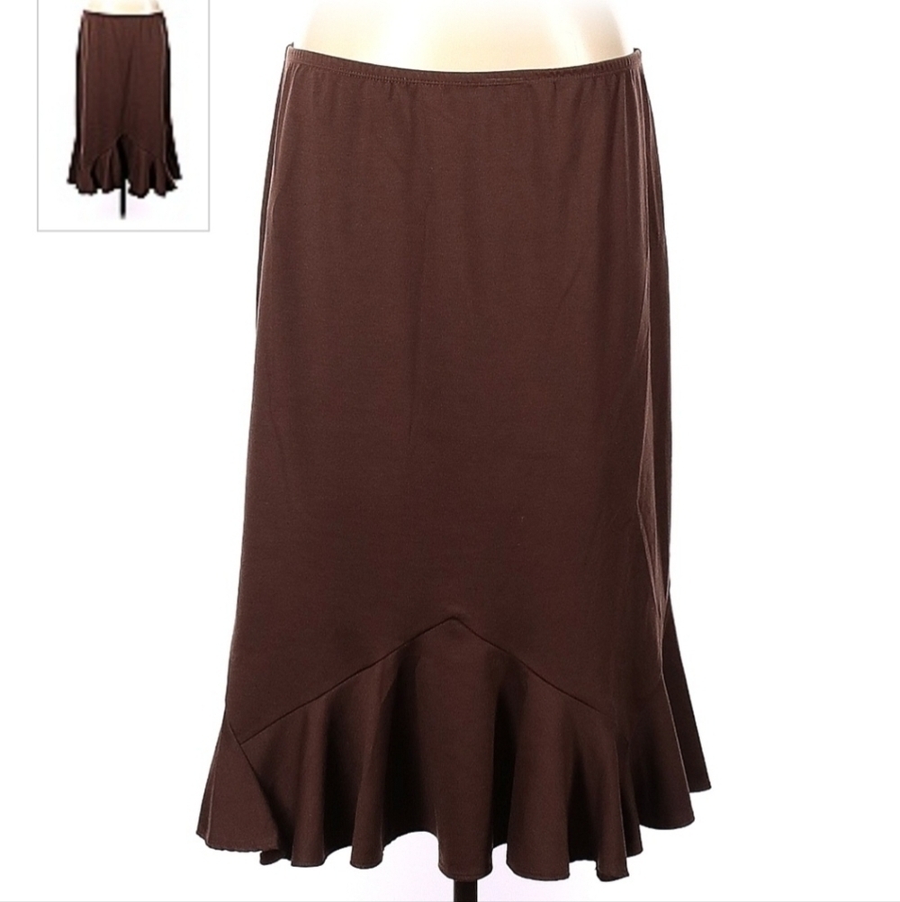 Elementz Brown Midi Flowy Fuffle Skirt Women's Large L Elastic Waist Neutral EUC
